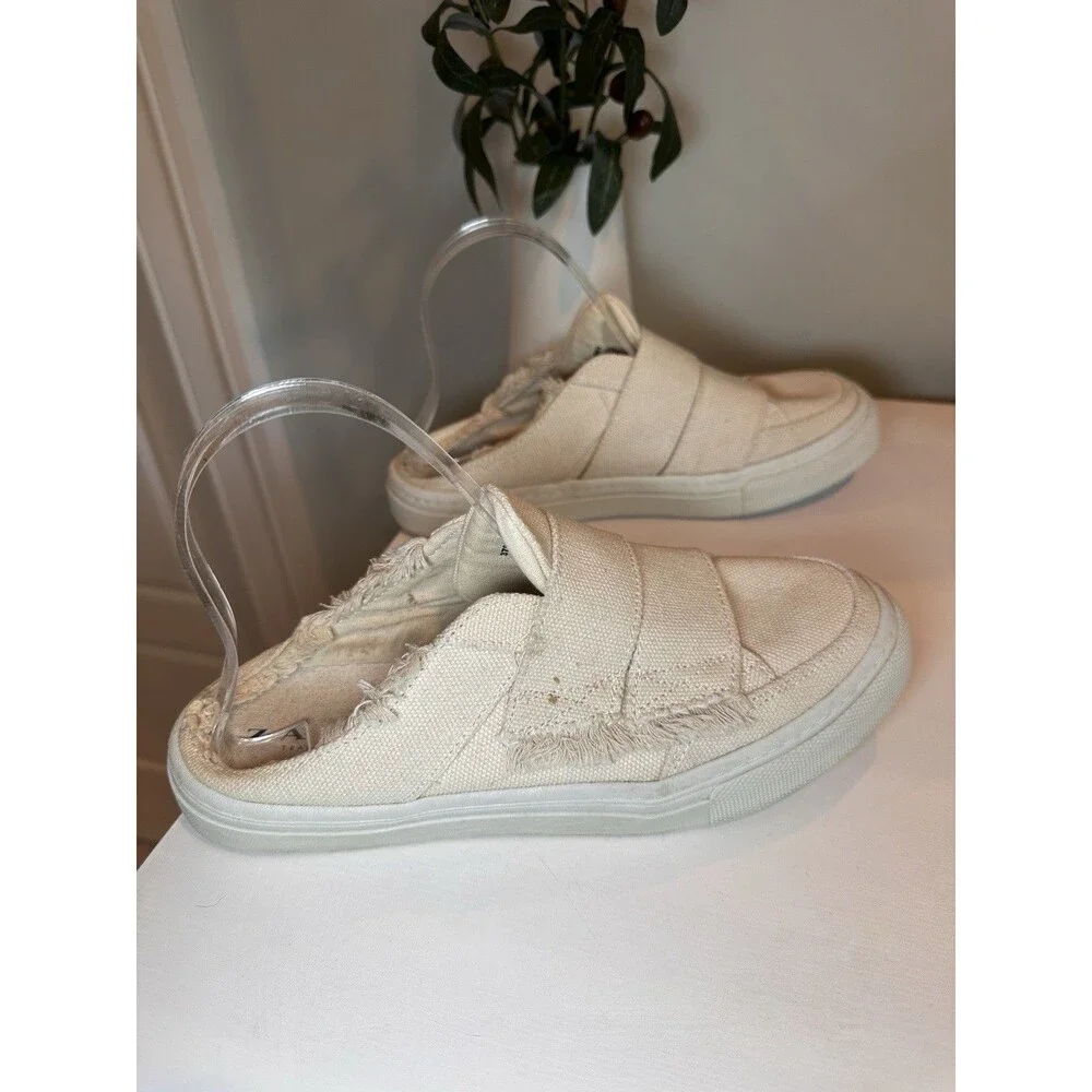 Zara Trafaluc Beige Canvas Raw Edge Mule Sneaker Slip On Shoes Womens Size 7.5